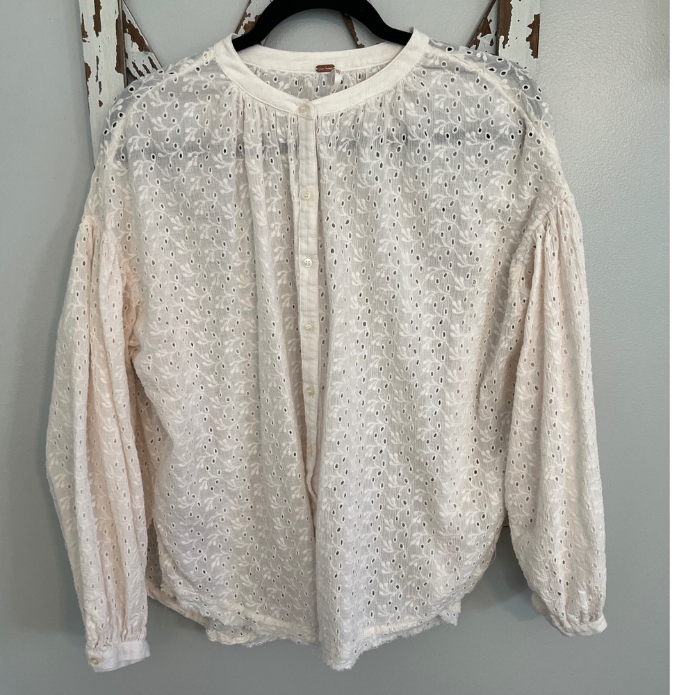 Free People Off White Eyelet Button Down Blouse Size Medium